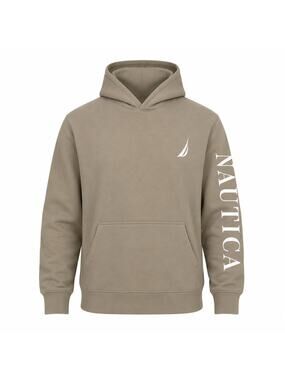 Nautica Boys Hoodie Pullover Tan Logo Sleeve Sweatshirt Size L 14-16